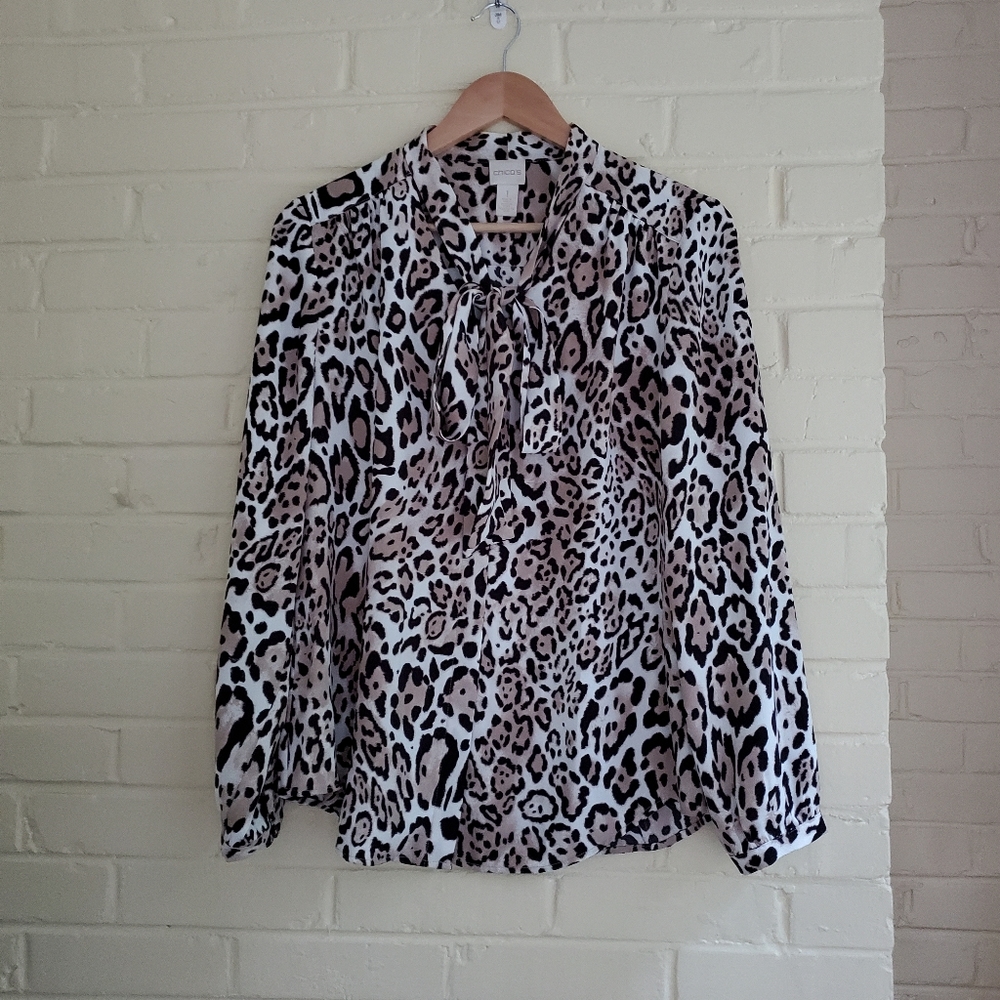 Chico's Leopard Print Button Up Blouse Size 1 Tie Neck